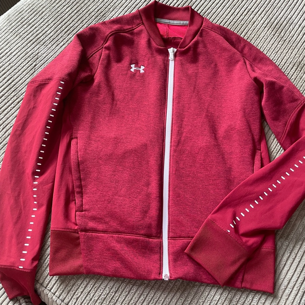 Under Armour Full Zip Jacket Heather Crimson Red Small Loose